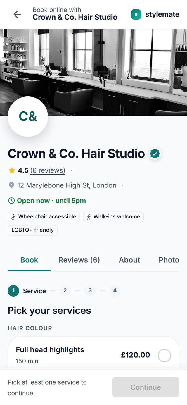 Online booking page on mobile