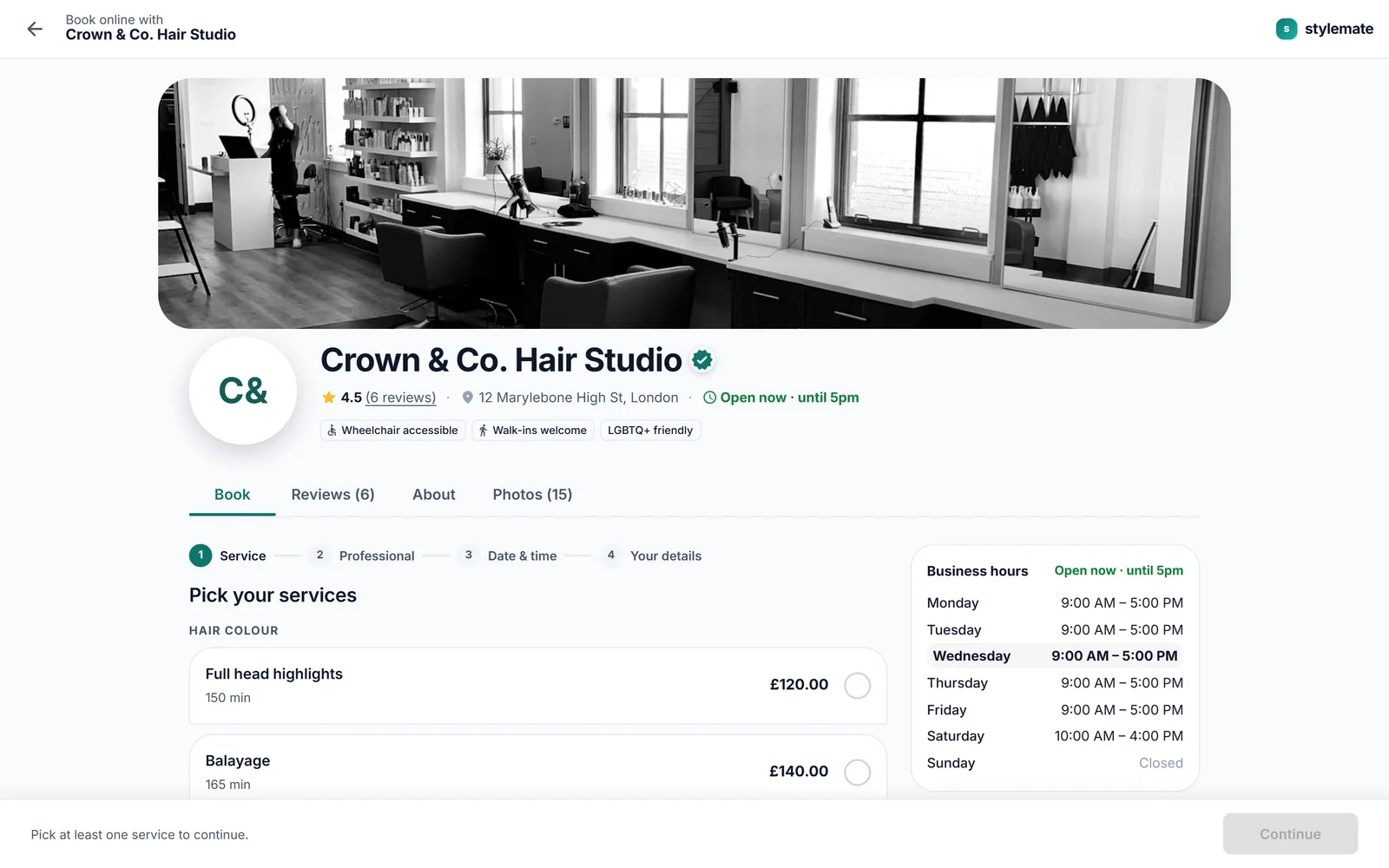 Online booking page on desktop