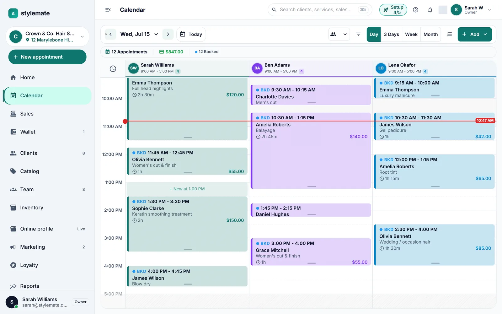 stylemate calendar with a full day of appointments
